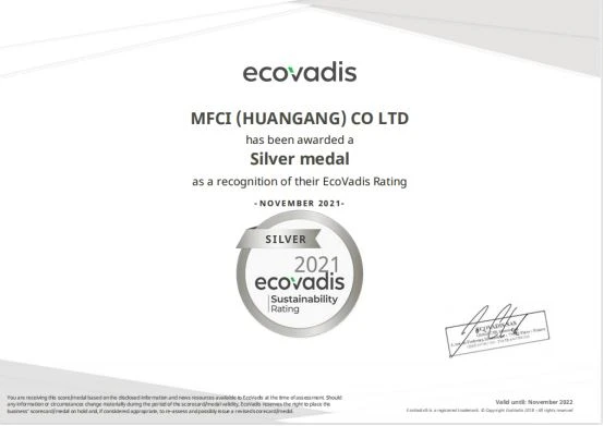 Nov. 2021 EcoVadis 2021 rating Silver again for MFCI195 Nov. 2021 EcoVadis 2021 rating Silver again for MFCI195